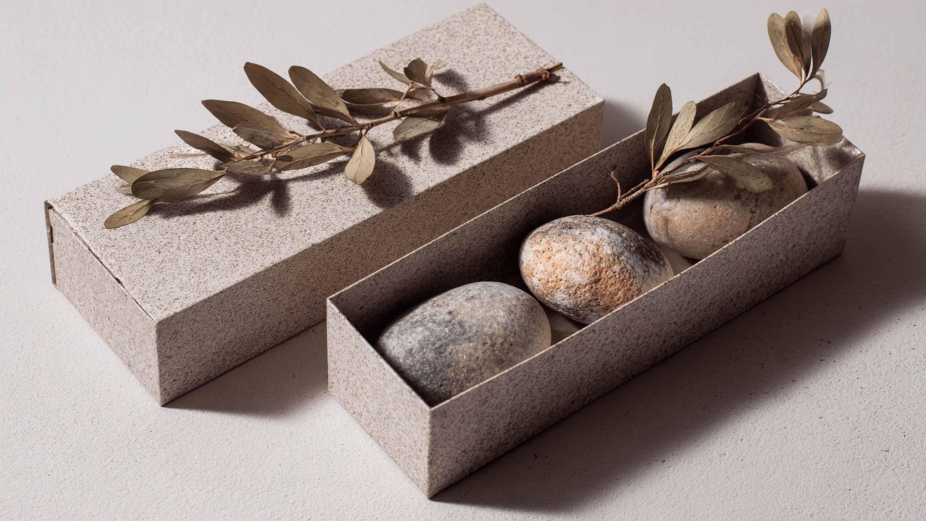 Packaging de cosmética natural con elementos botánicos — caja premium DTC